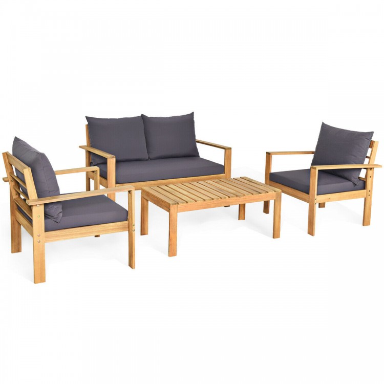 4-piece outdoor acacia wood chat set with removable cushions, ideal for patio or garden relaxation.