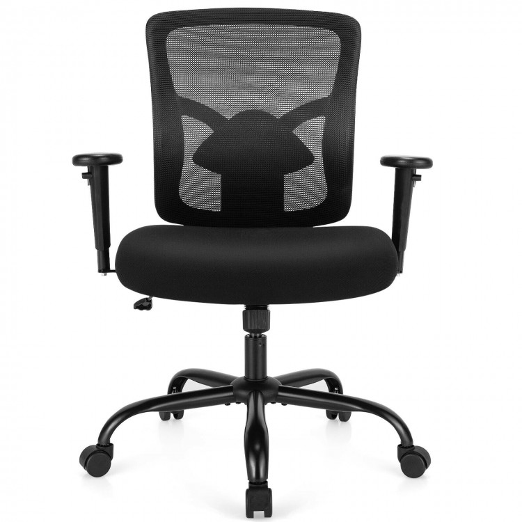Black mesh big and tall office chair with adjustable lumbar support and armrests, designed for comfort and.