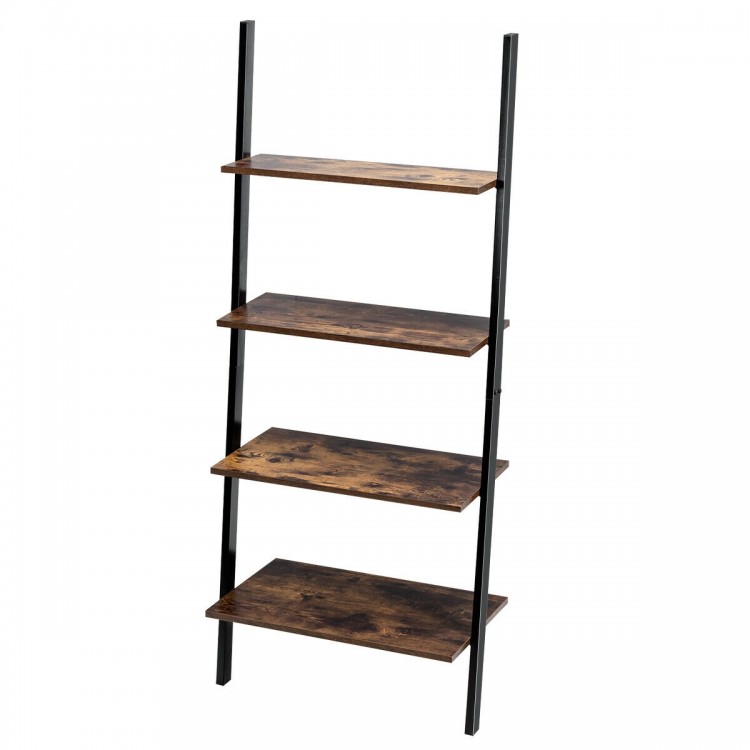 4-tier industrial leaning bookcase with brown particleboard shelves and a sturdy black metal frame for stylish home.
