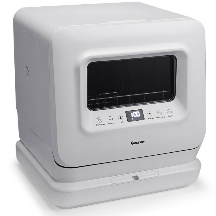 Portable countertop dishwasher with a 7.5L water tank, featuring 5 programs and a compact design for easy cleaning.