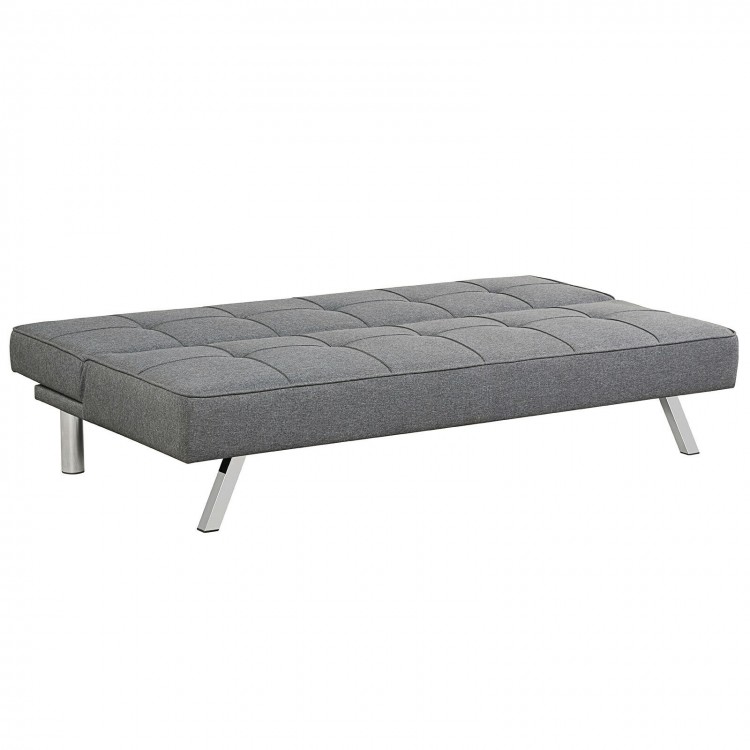 Convertible sofa bed in gray with overstuffed backrest and cushion, designed for comfort and compact living spaces.