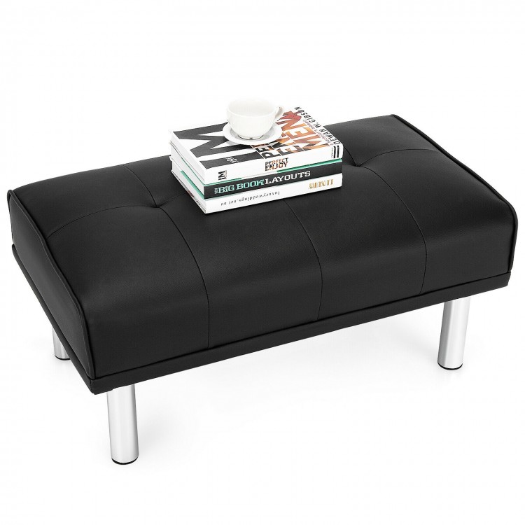 Rectangle tufted ottoman in black with stainless steel legs, featuring a sleek design, ideal for adding comfort and.