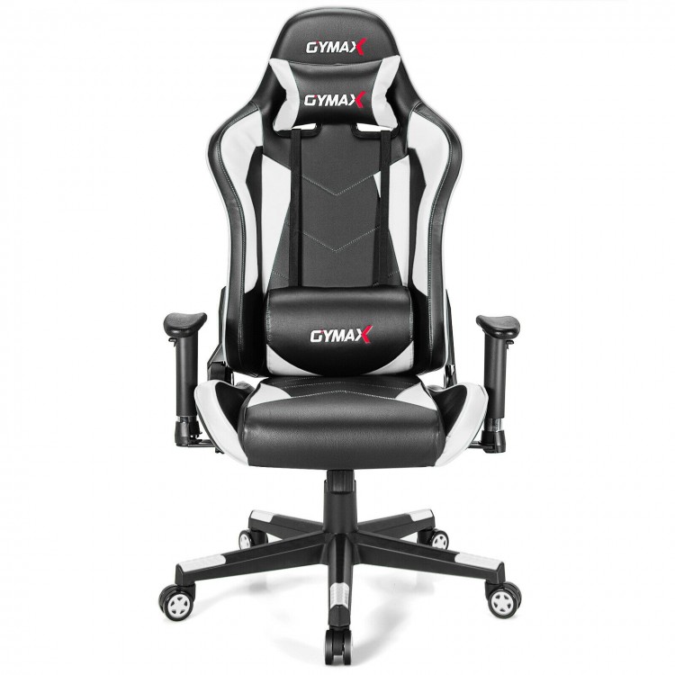 Racing style gaming chair in white with adjustable armrests and high back for ergonomic support while gaming or working.