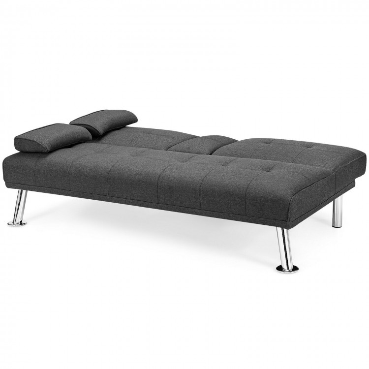 Dark gray convertible folding futon sofa bed with removable armrests and two cup holders, ideal for compact spaces.