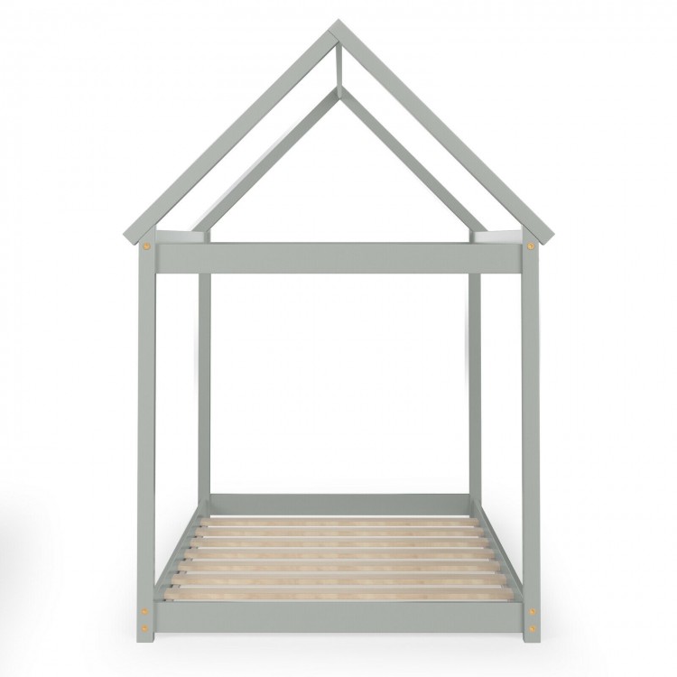 Gray kids platform floor bed with roof and heavy-duty slats, designed for stability and fun DIY customization.