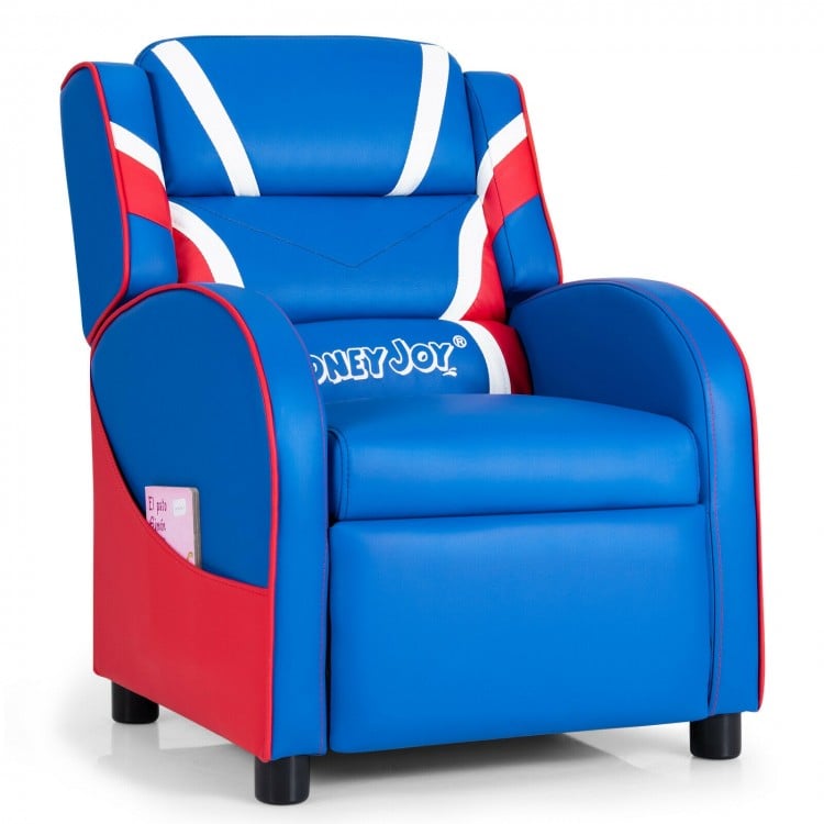 Kids leather recliner chair in blue with adjustable backrest, side pockets, and ergonomic design for comfort.