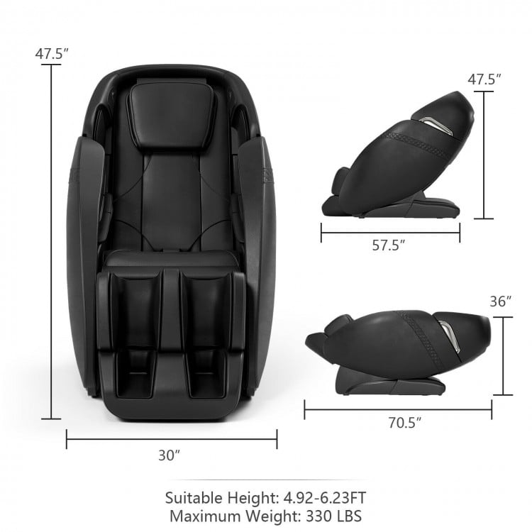 Electric zero gravity massage chair in black with adjustable backrest and SL track for full body relaxation.