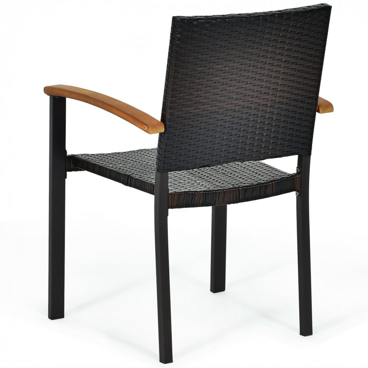 Outdoor patio wicker dining chair with ergonomic armrest, made of PE rattan and powder-coated steel, ideal for comfort.