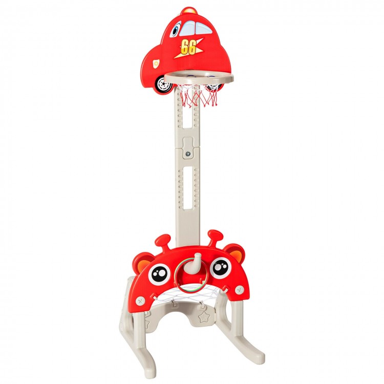 3-in-1 adjustable height kids' basketball hoop set in red, featuring a car design, includes basketball, football, and.