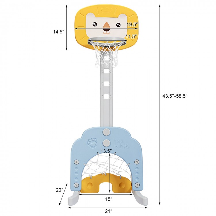Adjustable kids basketball hoop set in yellow, featuring 3-in-1 games for ages 2-7, suitable for indoor and outdoor.