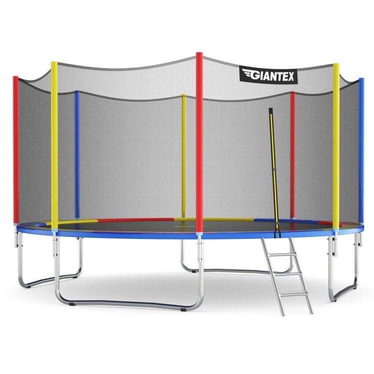 14 feet trampoline with safety enclosure net and ladder, featuring a colorful design for outdoor fun and stability.