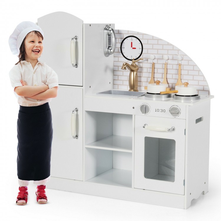 Kids kitchen playset with realistic faucet, stove, and storage, promoting imaginative cooking and organization skills.