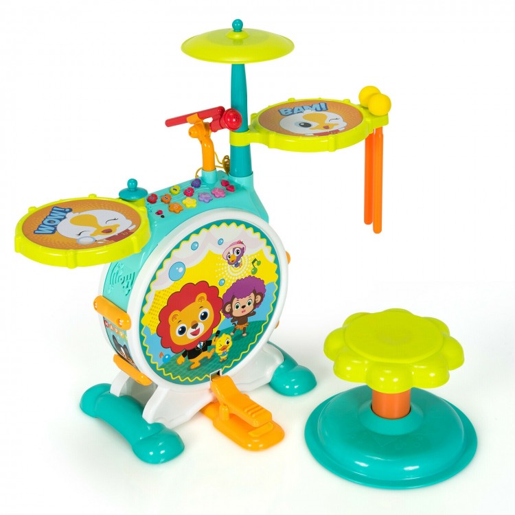 Colorful electric kids drum set with microphone, stool, and cymbal, featuring 4 play modes for creative musical fun.