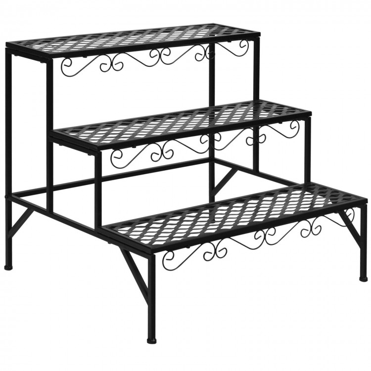 Three-tier metal decorative plant stand with elegant patterns, weather-resistant for indoor and outdoor use.