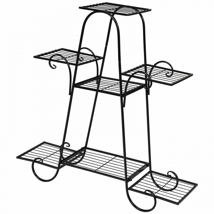 7-tier metal patio plant stand with a classic design, durable iron structure, and hollow-out trays for drainage.