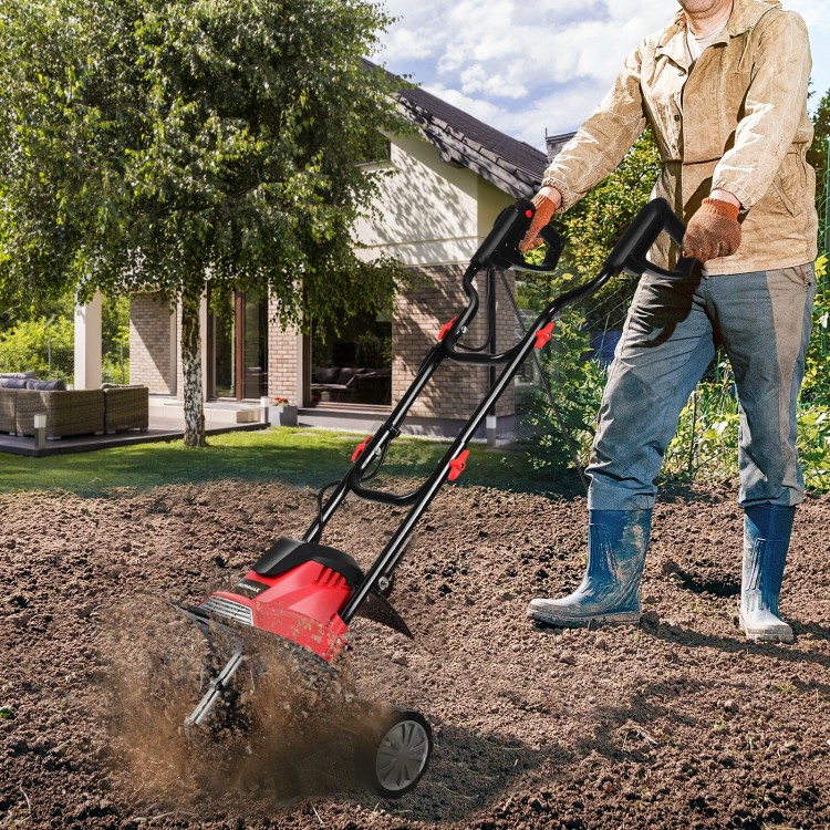 14-inch electric tiller with a 10-amp motor, ideal for small gardens, shown in use on soil with ergonomic handles.