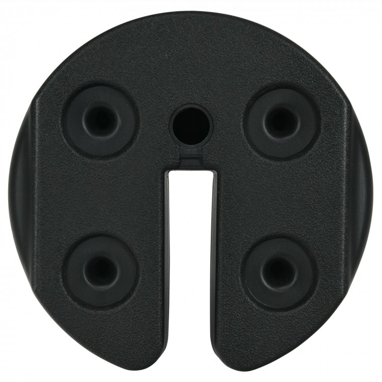 Black canopy weight plate with no-pinch design, suitable for securing tents and umbrellas, holds up to 30lbs.