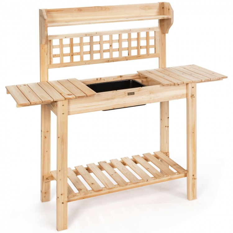 Garden potting bench workstation with solid fir wood, removable sink, and sliding tabletop for easy gardening tasks.