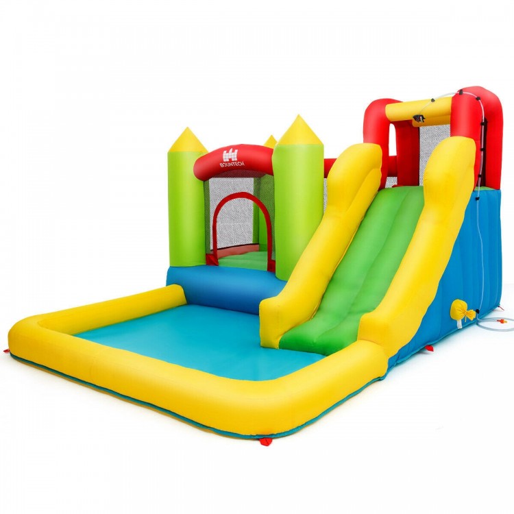 Inflatable bounce house water slide with climbing wall and splash pool, ideal for outdoor fun and summer play.