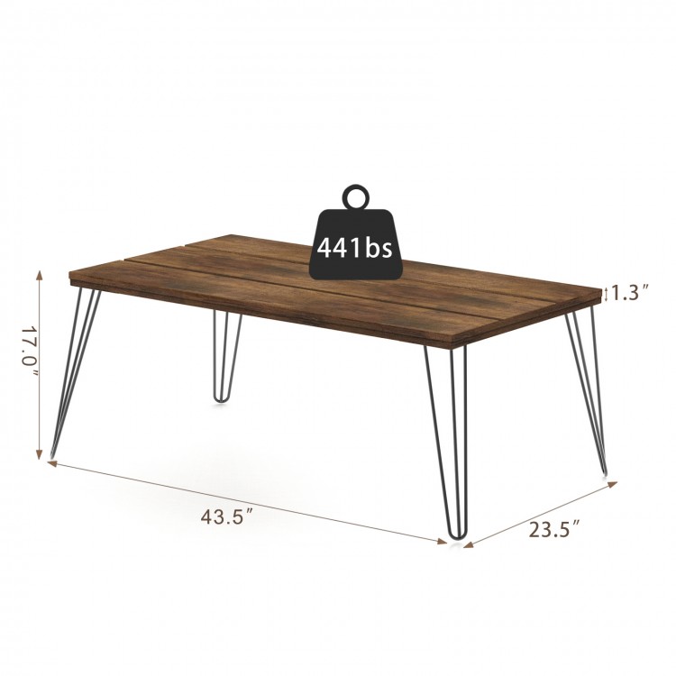 Wooden rectangular coffee table with metal legs, 43.5" x 23.5", sturdy design for living room use.
