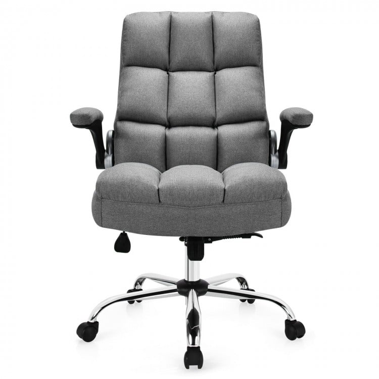 Adjustable gray swivel office chair with high back, flip-up armrests, and ergonomic design for home and office use.