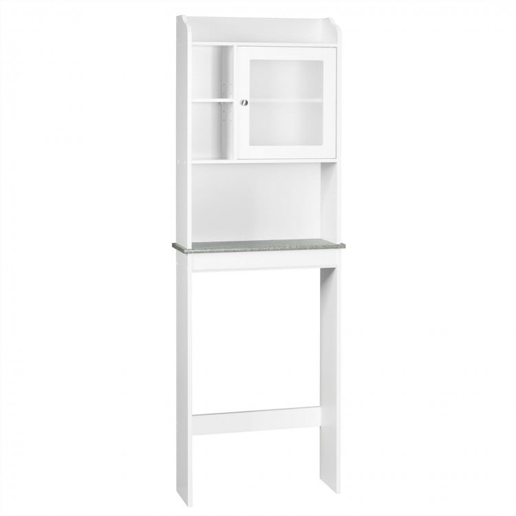 White over-the-toilet cabinet showcasing a sleek design with a black faux marble panel and ample storage for bathroom.
