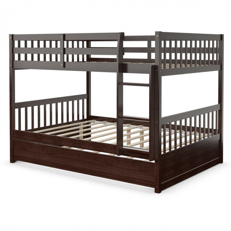 Full over full bunk bed in brown wood with sturdy slats, guardrails, and trundle for space-saving in kids' rooms.