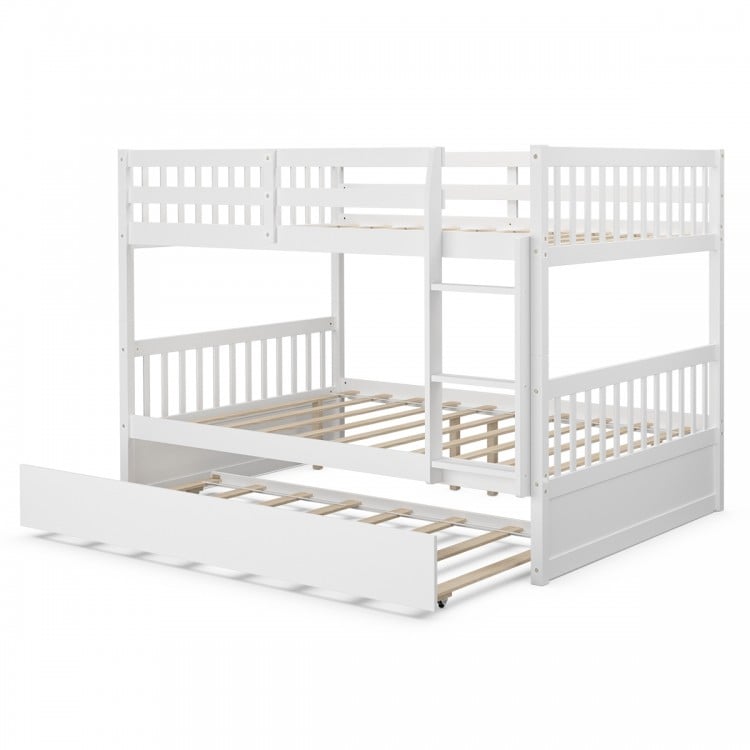 Side view of full over full bunk bed in white wood, showcasing the sturdy ladder and safety guardrails for kids' rooms.