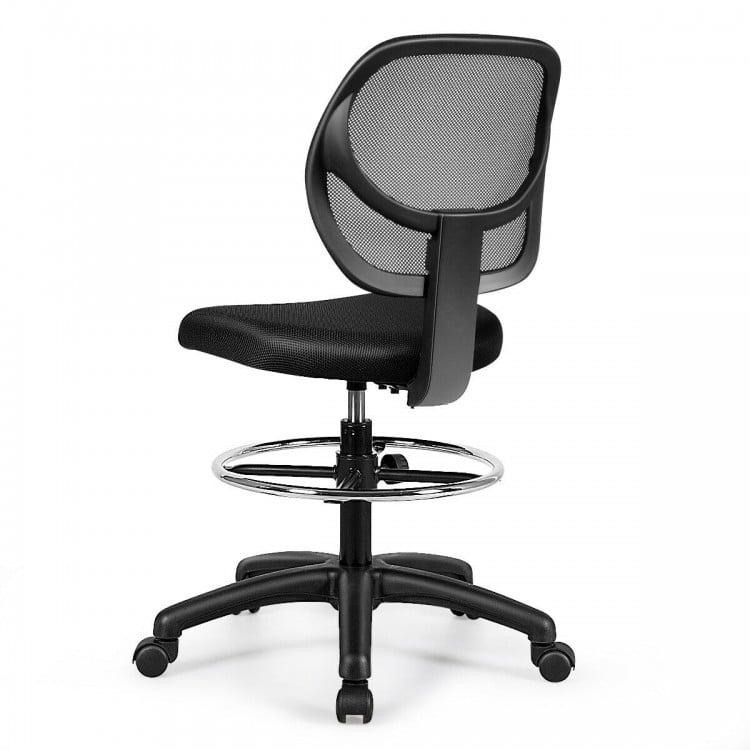 Mid back mesh drafting office chair with adjustable height, ergonomic support, and chrome footrest for versatile use.