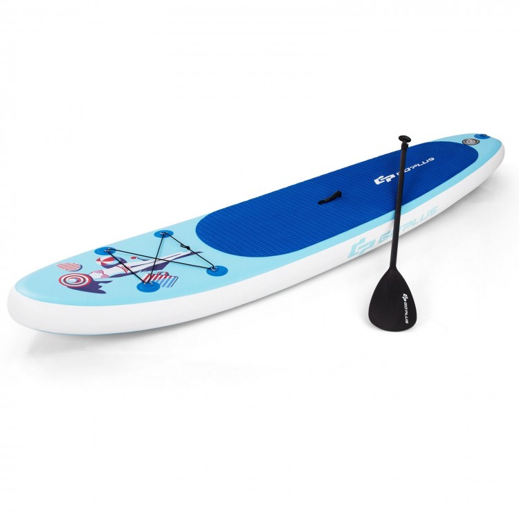10 feet inflatable stand up paddle board with non-slip EVA deck and adjustable paddle for stable water activities.