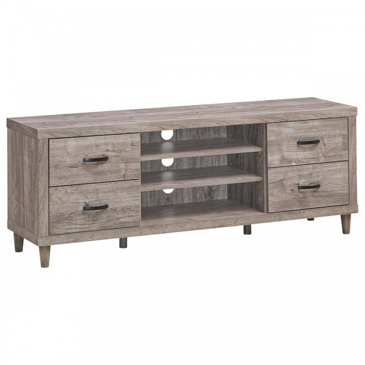 Retro wooden TV stand featuring 3 open shelves and 4 drawers, designed for TVs up to 65", ideal for living room.