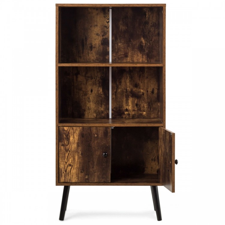 2-tier retro bookcase with 3 compartments, featuring open shelves and a concealed door for rustic storage solutions.