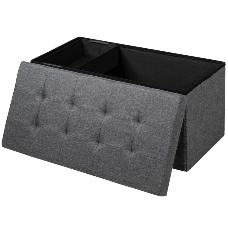 Foldable dark gray storage ottoman with tufted design, roomy interior, and removable storage bin for versatile.