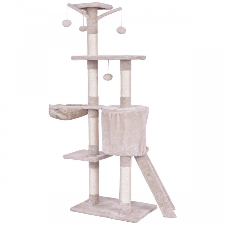 56-inch cat play tree with scratching posts, platforms, and fluffy balls for climbing, scratching, and lounging.