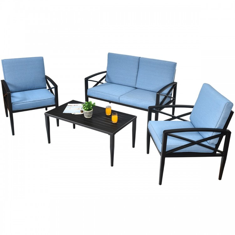 4-piece patio furniture set with aluminum frame, blue cushioned seats, including loveseat and side table for outdoor.