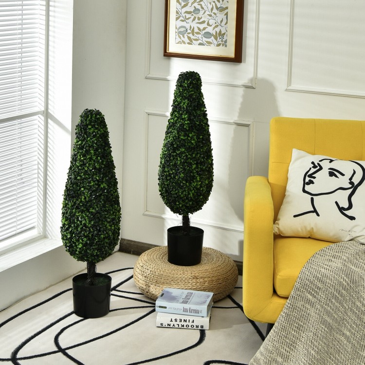 Two 3-foot artificial tower topiary trees in pots, UV resistant for indoor or outdoor decor, adding a lush, lifelike.