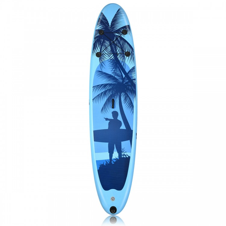 Inflatable stand-up paddle board in blue with palm tree design, ideal for surfing, fishing, and yoga on water.