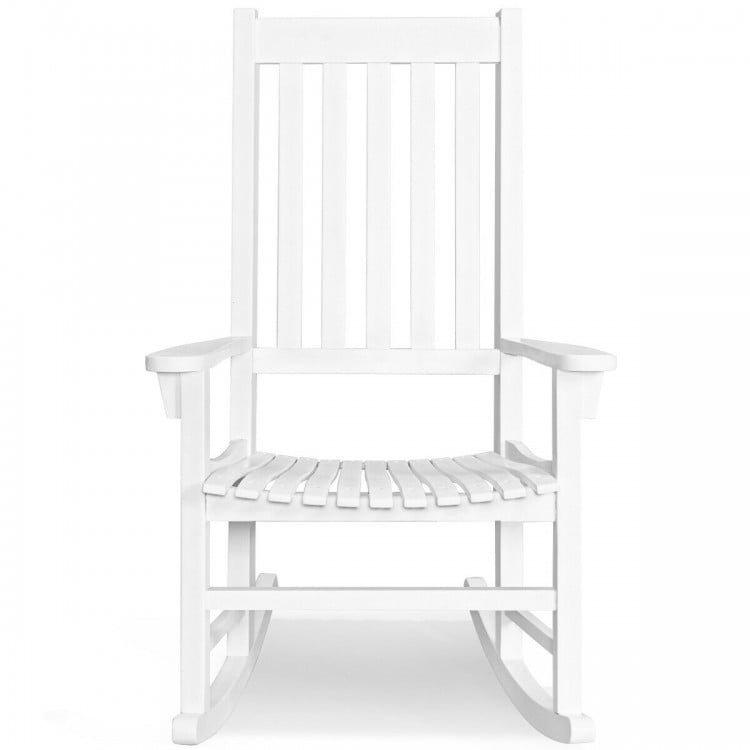 White high back rocking chair made of acacia wood, designed for indoor and outdoor use, featuring a contoured slatted.