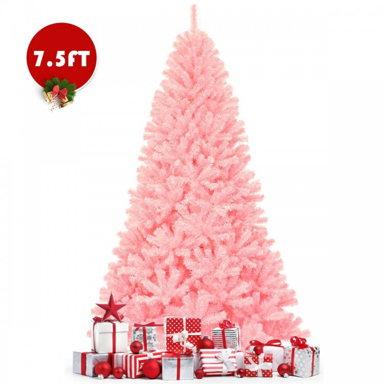 Pink 7.5-foot hinged artificial Christmas tree with full-bodied design, perfect for festive home and commercial.