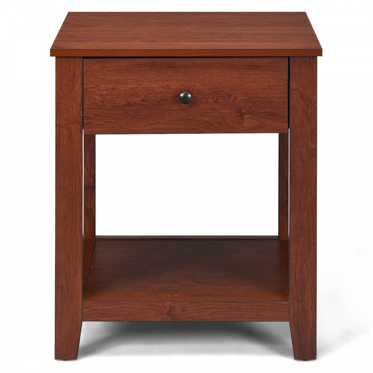 Single nightstand with drawer and open shelf, made of particleboard, ideal for bedroom or living room storage.