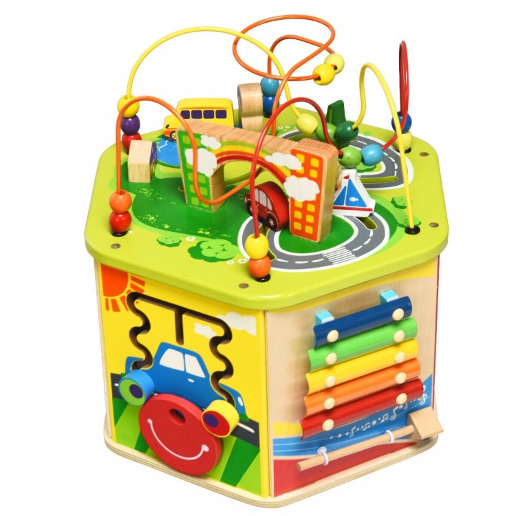 Colorful 7-in-1 wooden activity cube toy featuring a bead maze, xylophone, and shape sorter for early education and fun.