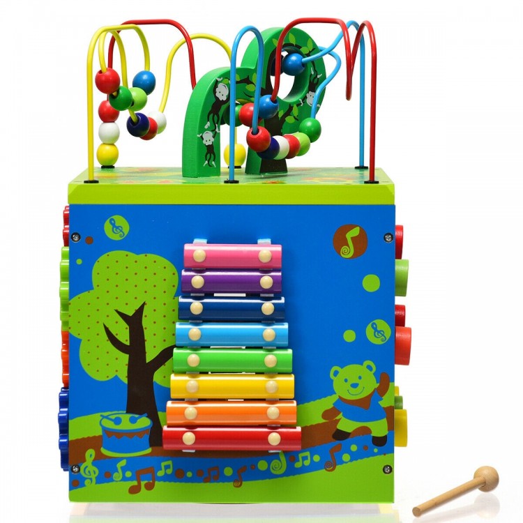 Wooden activity cube toy featuring bead maze, xylophone, and colorful animal designs for early education and fun.