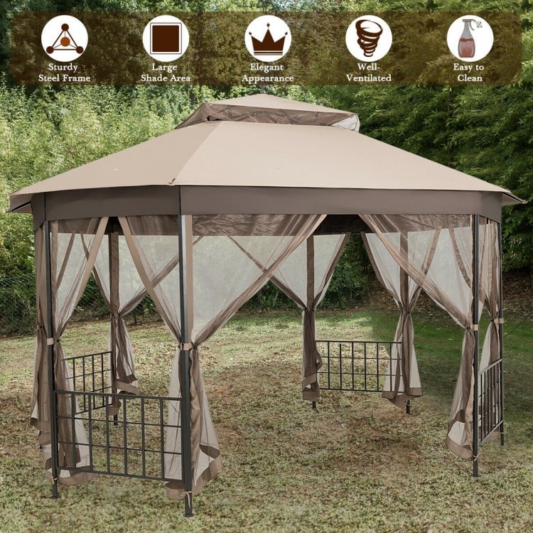 Octagonal 10’x12’ brown patio gazebo showcasing a spacious design with reinforced legs and breathable fabric for.