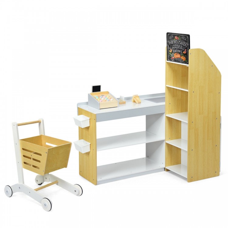 Kids wooden grocery store playset with checkout counter, shopping cart, and storage for imaginative supermarket fun.