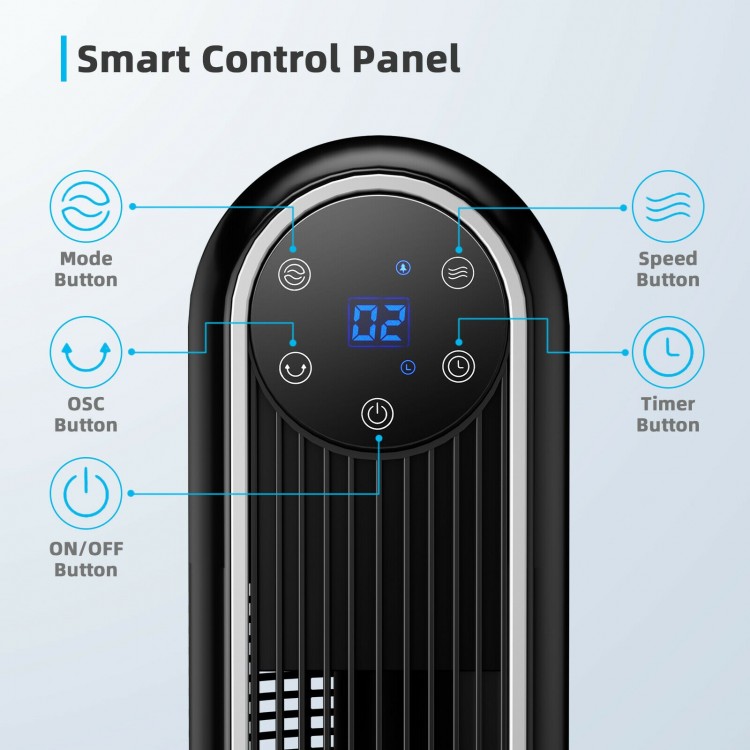 Smart control panel of a 42-inch black tower fan featuring mode, speed, and timer buttons for easy operation.