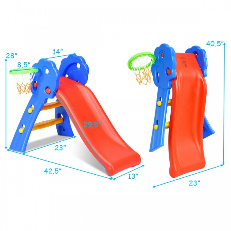 Kids plastic folding slide with basketball hoop, durable HDPE material, two-step ladder, ideal for indoor play.