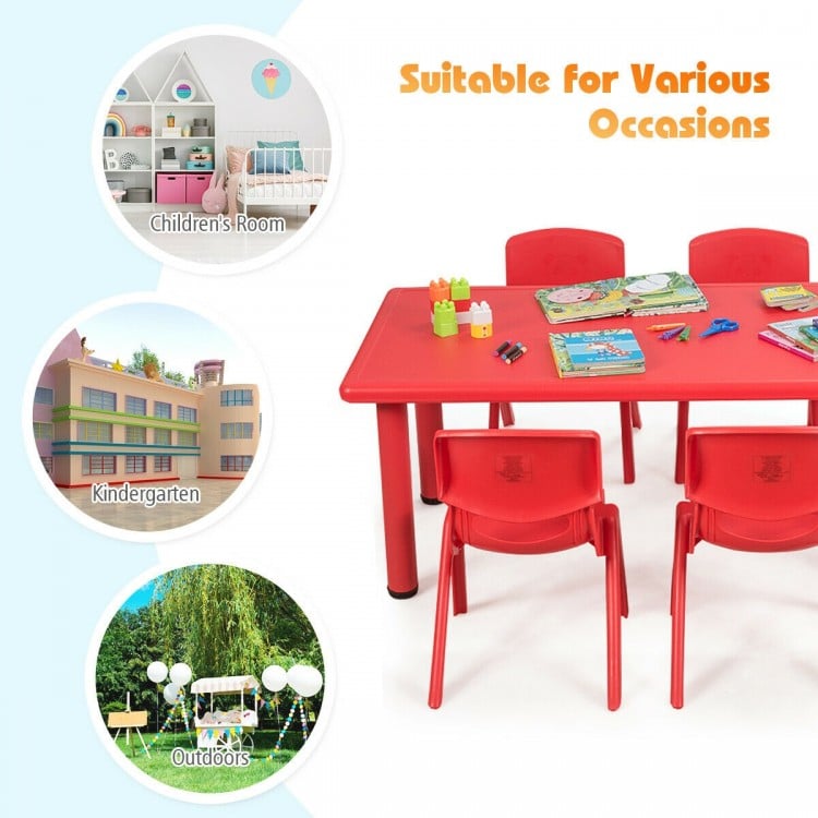 Kids plastic rectangular learn and play table in red, ideal for daycares and outdoor use, safe and easy to clean.