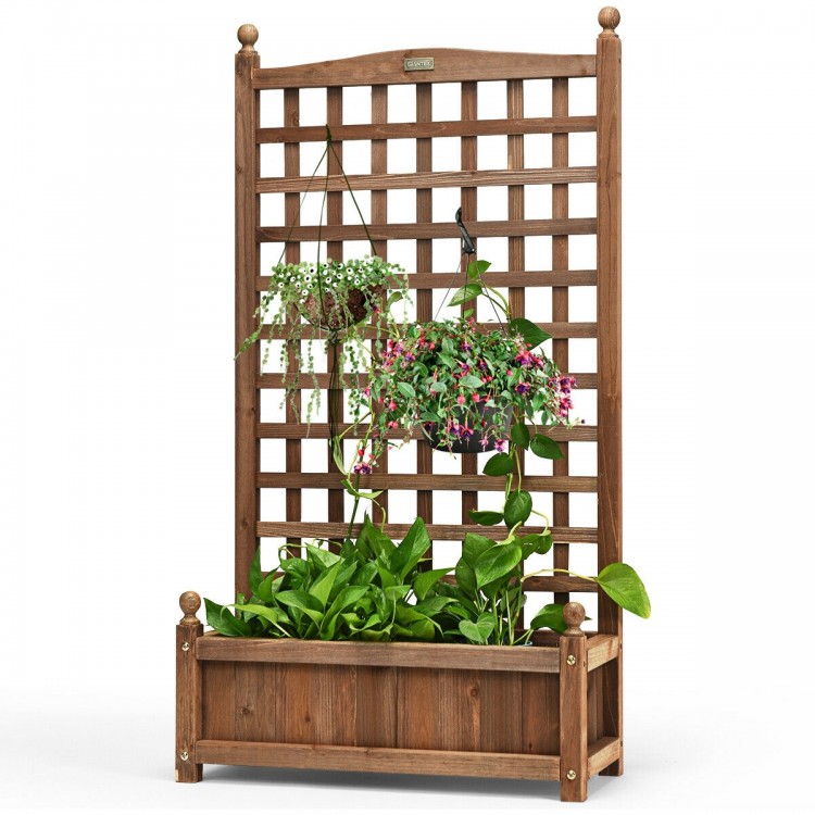 Wood planter box with trellis, showcasing a large planting area and sturdy support for climbing plants in outdoor.