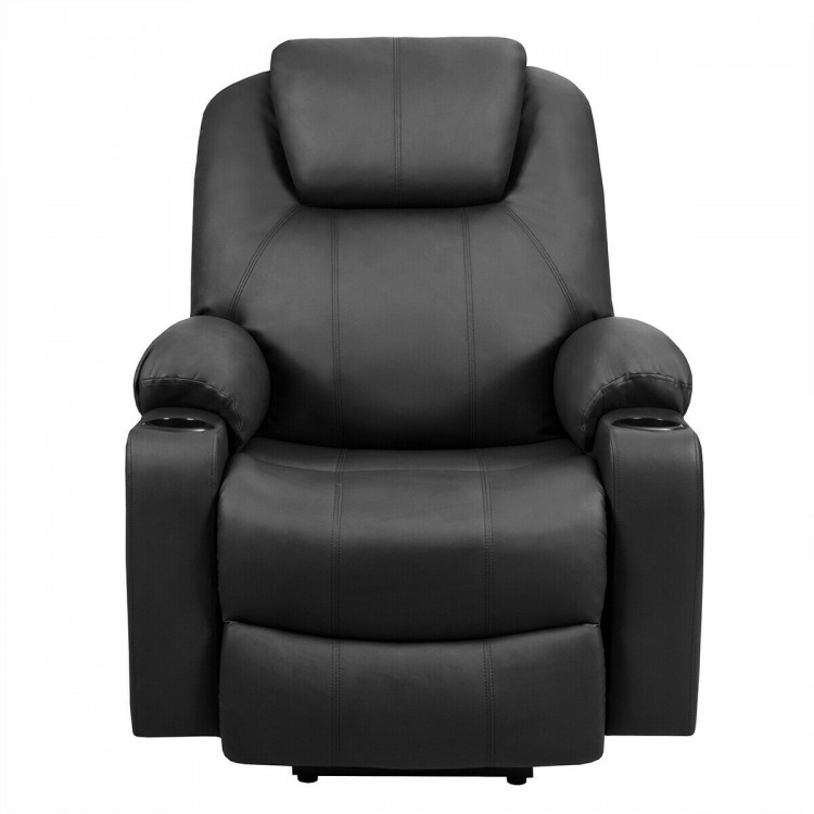 Black electric power lift recliner chair with massage functions, lumbar heating, and cup holders for ultimate comfort.