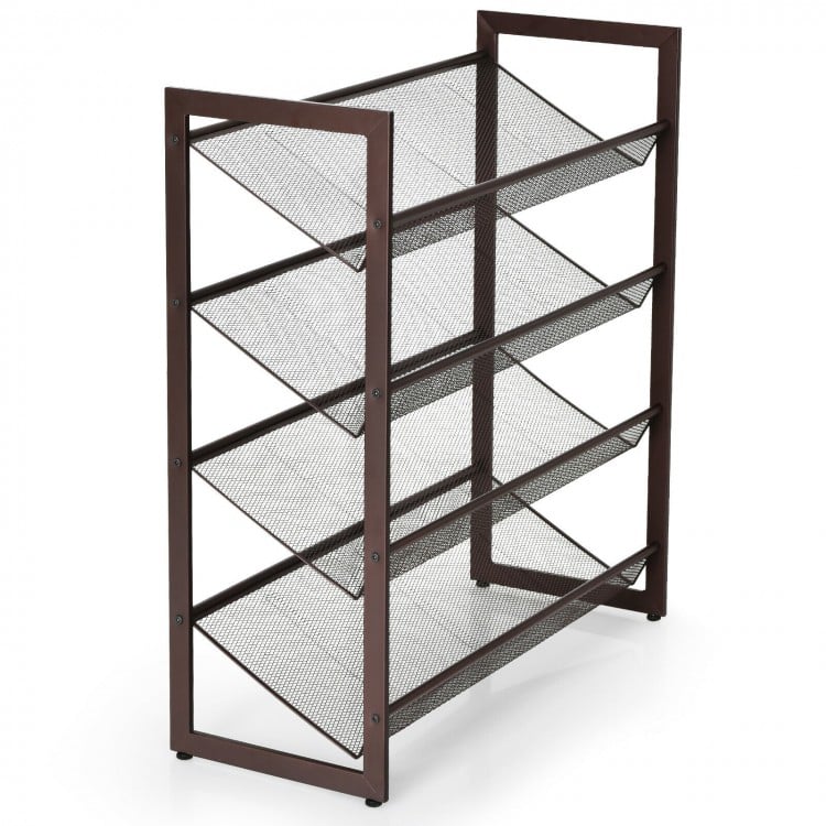 Four-tier metal shoe rack with mesh shelves, ideal for compact entryway storage of up to 16 pairs of shoes.